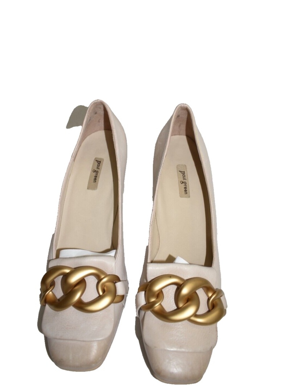 Paul Green Ozzie Leather Pump Heel Slip-On Beige Nude Leather Gold Chain